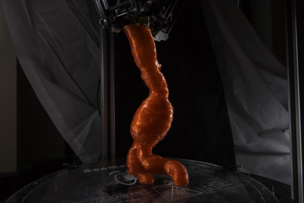 A 3D printed model of an aortic abdominal aneurism is seen in the lab of Michael Richards, a research assistant professor in the Department of Surgery at the University of Rochester Medical Center. (Photo by J. Adam Fenster/University of Rochester.)