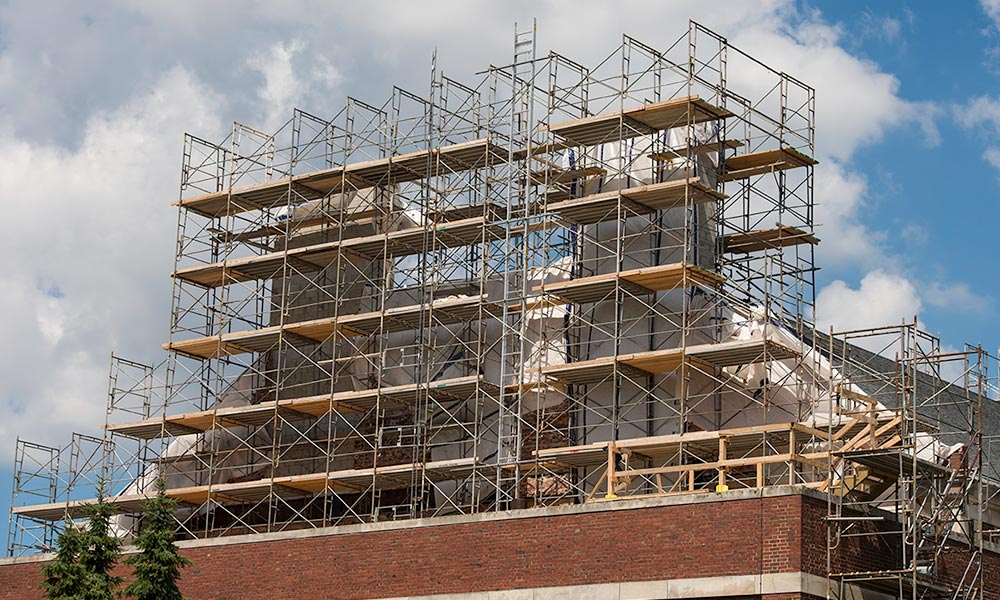 scaffolding around Goergen Athletic Center