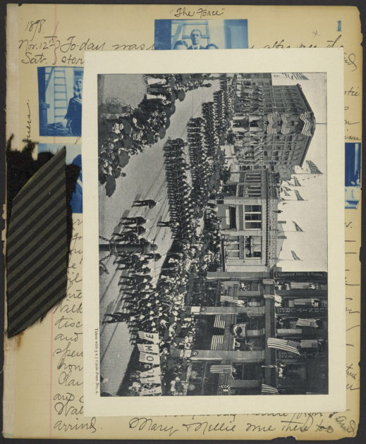 Mary Bragdon's diary for Nov. 12, 1898, with photos pasted over her entry.