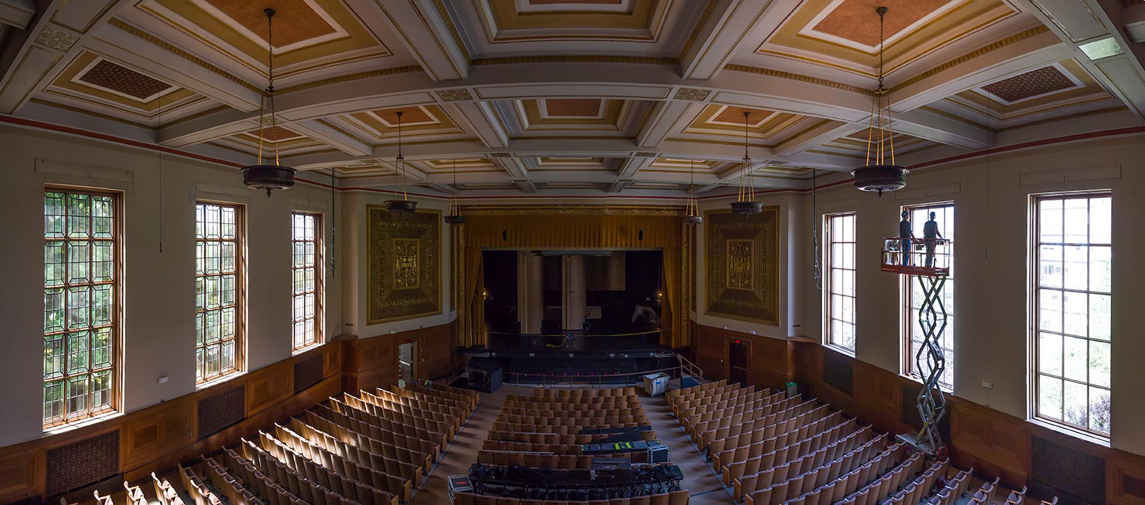 panoramic image of Strong Auditorium and its double set of windows