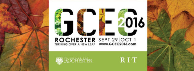 poster for event reads GCEO 2016: ROCHESTER TURNING OVER A NEW LEAF with logos for University of Rochester and RIT