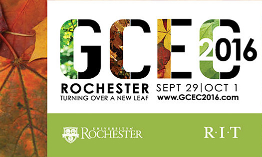 Feature image poster for event reads GCEO 2016: ROCHESTER TURNING OVER A NEW LEAF with logos for University of Rochester and RIT