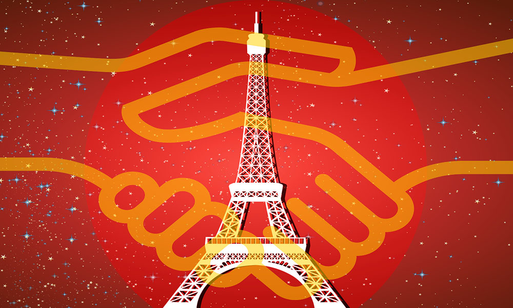 graphic of Paris with hand shake