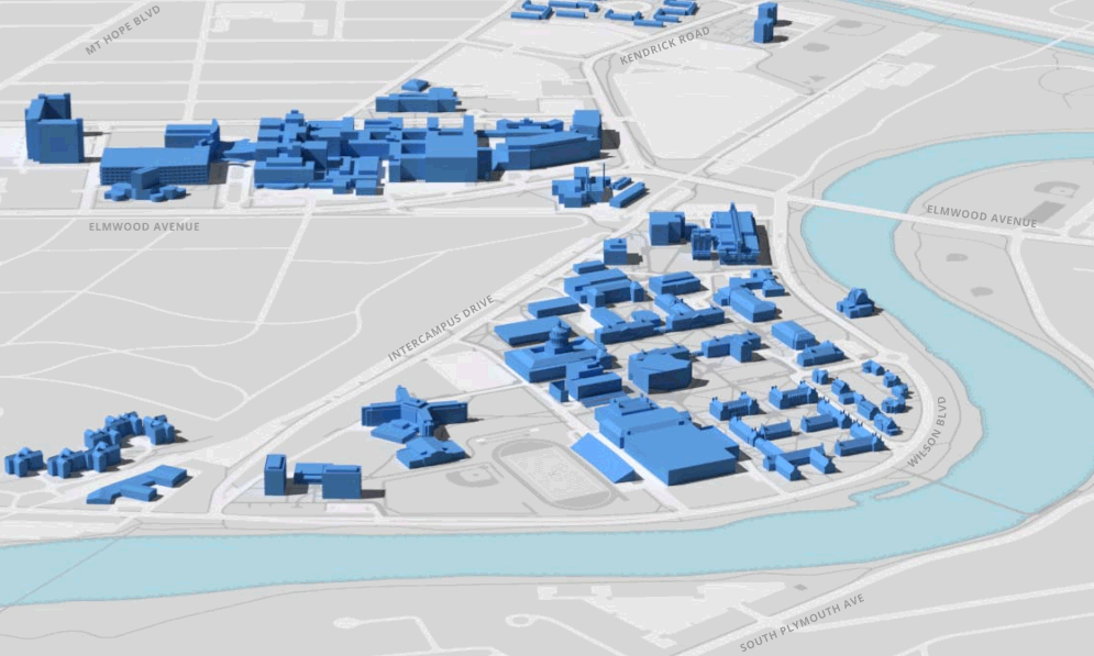 animated gif of campus map showing new buildings popping up on campus