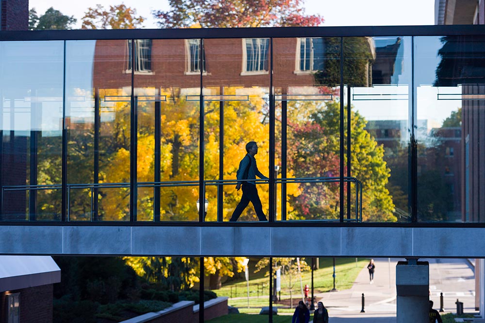 Feature image student walking across elevated bridge walkway with fall trees in background