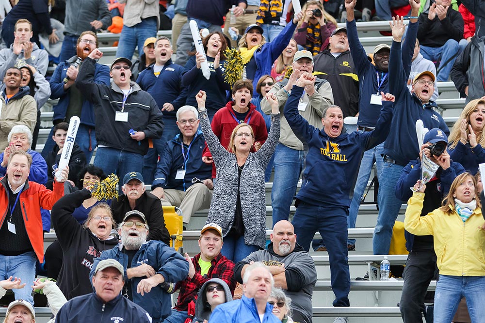 large crowd cheers at the football stadium