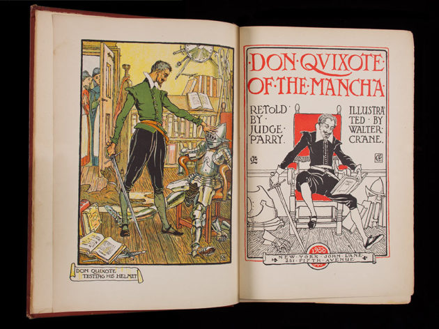 An illustration of Don Quixote testing his helmet.