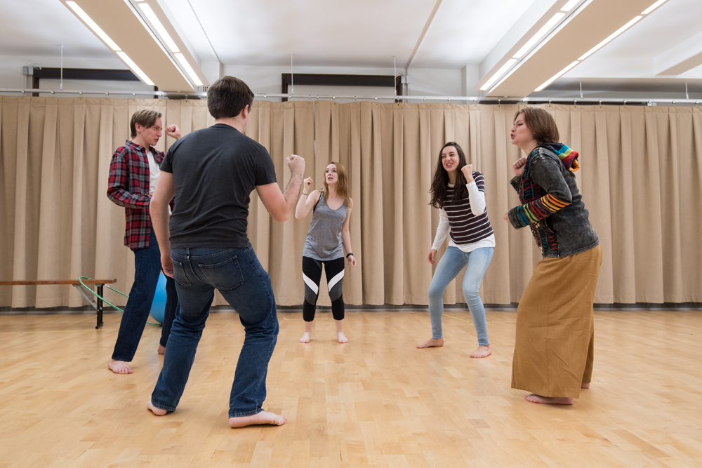 l-r: Ian Von Fange (Schultz), Casey Brentnall (James), Andria Rabenold (Theresa), Daniela Shapiro (Lauren) and Murie Gillett (Marty). // PR photos for University of Rochester Todd Theatre production Circle Mirror Transformation in Sloan studio November 2, 2016. / / photo by J. Adam Fenster / University of Rochester