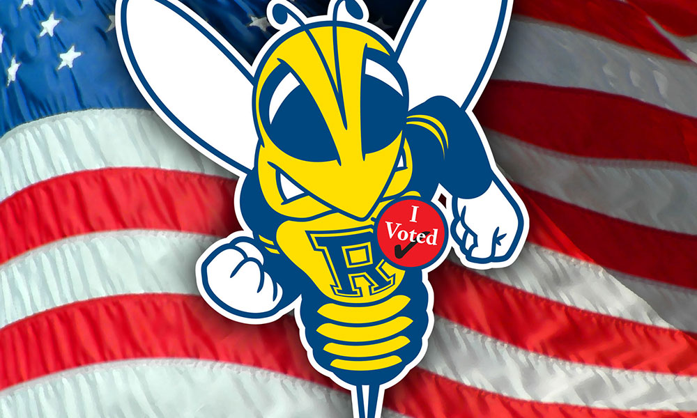 Rocky yellowjacket mascot with I VOTED sticker