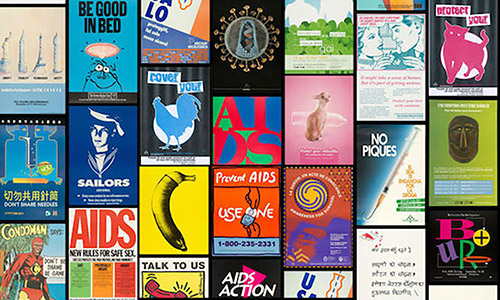Array of colorful AIDS public health posters.