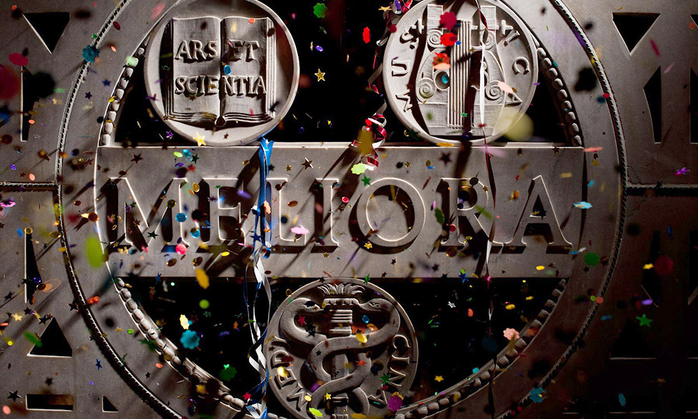 Meliora in stone with confetti in front