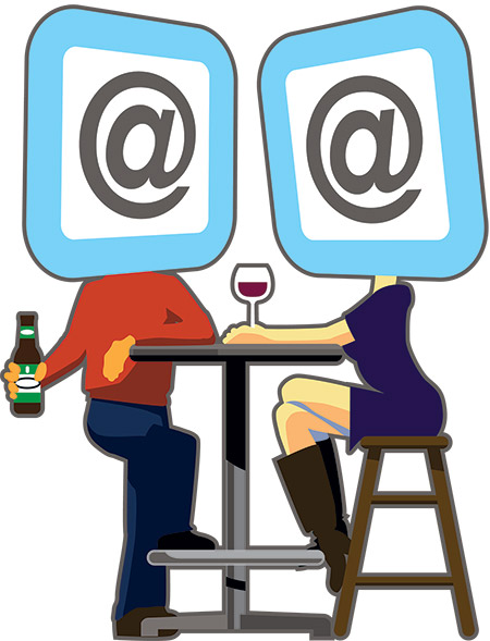 illustration of two people on a date, with at-symbols instead of faces