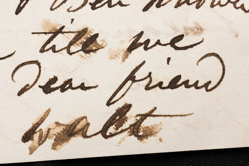 close-up of a hand-written letter with Walt Whitman's signature, WALT