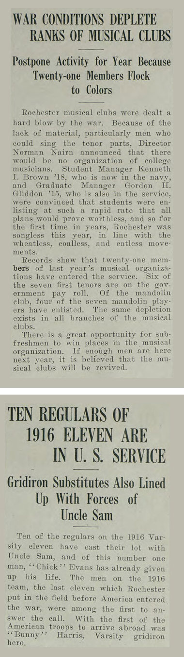 historic newspaper clippings with headlines TEN REGULARS OF 1916 ELEVEN ARE IN U.S. SERVICE and WAR CONDITIONS DEPLETE RANKS OF MUSICAL CLUBS help explain why America entered WW1