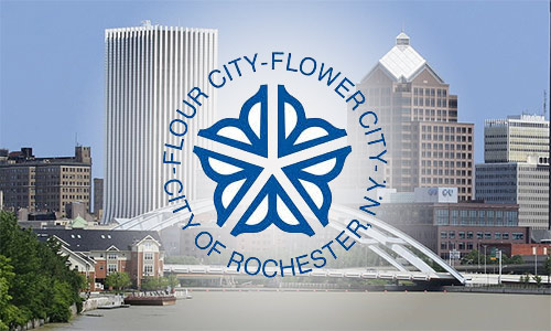 Feature image City of Rochester logo overlayed on view of downtown Rochester