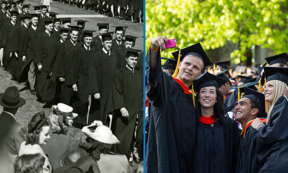 Feature image a procession of male graduates from the late 1940s/early 1950s beside a photo of males and female grads taking selfies