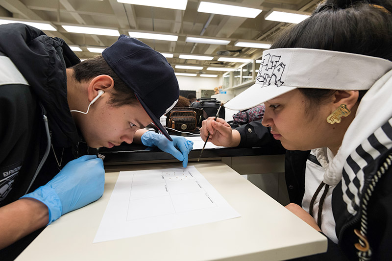 two students leaning over desk with fruit fly specimins