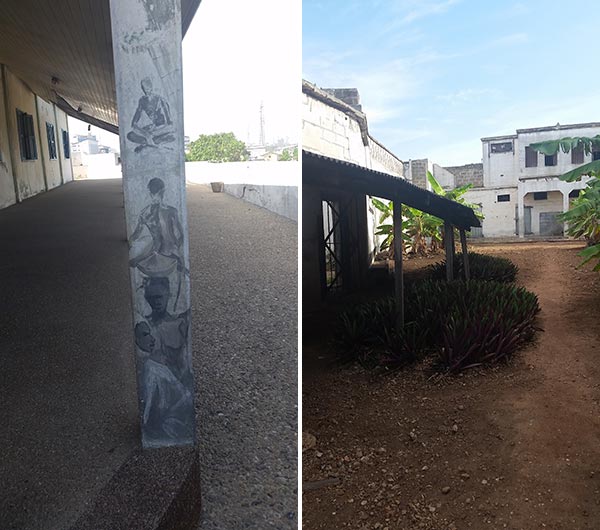 Decorated pillar (left) and one of the many courtyards at Fort Ussher.