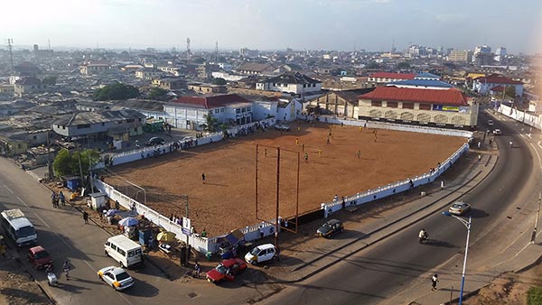aerial view of a soccer match