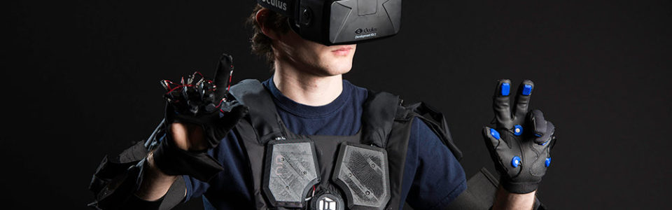 man wearing a virtual reality suit and goggles