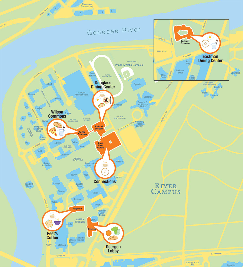 map of dining locations on River Campus with an inset of Eastman Campus. Shows locations for Douglass Dining Center, Peet's Coffee, Goergen Lobby, and Wilson Commons and the Eastman Dining Center 