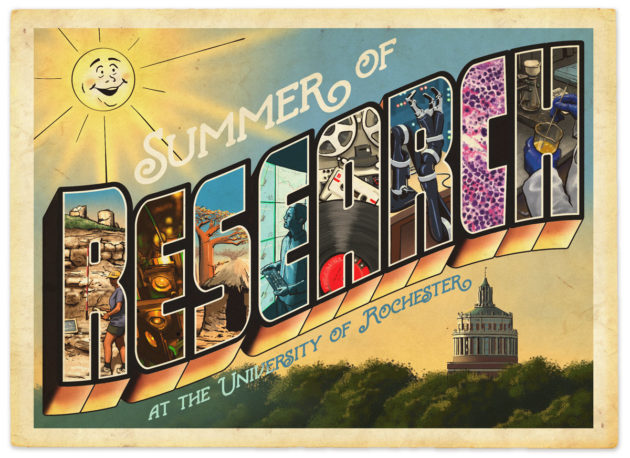 retro travel postcard says SUMMER OF RESEARCH AT THE UNIVERSITY OF ROCHESTER