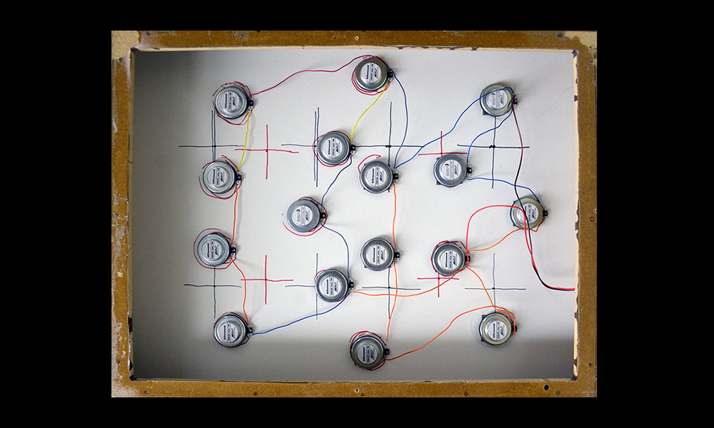 The back panel of a prototype of a flat-panel speaker designed by Rochester students.