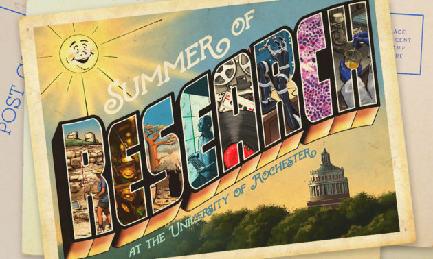 illustration of a vintage postcard with the words SUMMER OF RESEARCH AT THE UNIVERSITY OF ROCHESTER