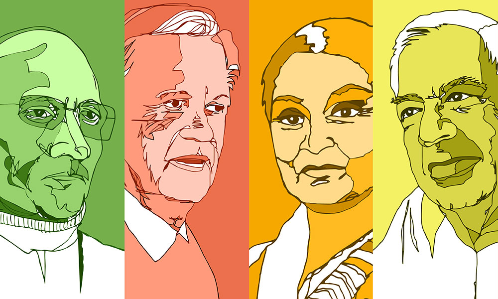 Colorful, stylized portraits of critical theorists Michel Foucault, Hayden White, Gayatri Spivak, and Richard Rorty.