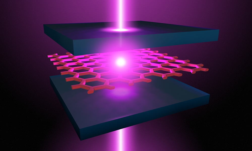 illustration of a device showing two mirrors and an optical microcavity generating a beam of laser light