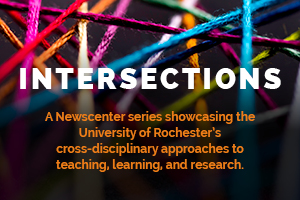 domestic violence image, logo graphic reads: INTERSECTIONS. A Newscenter series showcasing the University of Rochester's cross-disciplinary approaches to teaching, learning, and research