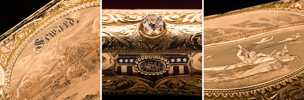 three details from a cigar box including the engraved word SEWARD, a jewel and American flag motif, and an engraved scene of a Native American women on a hunt