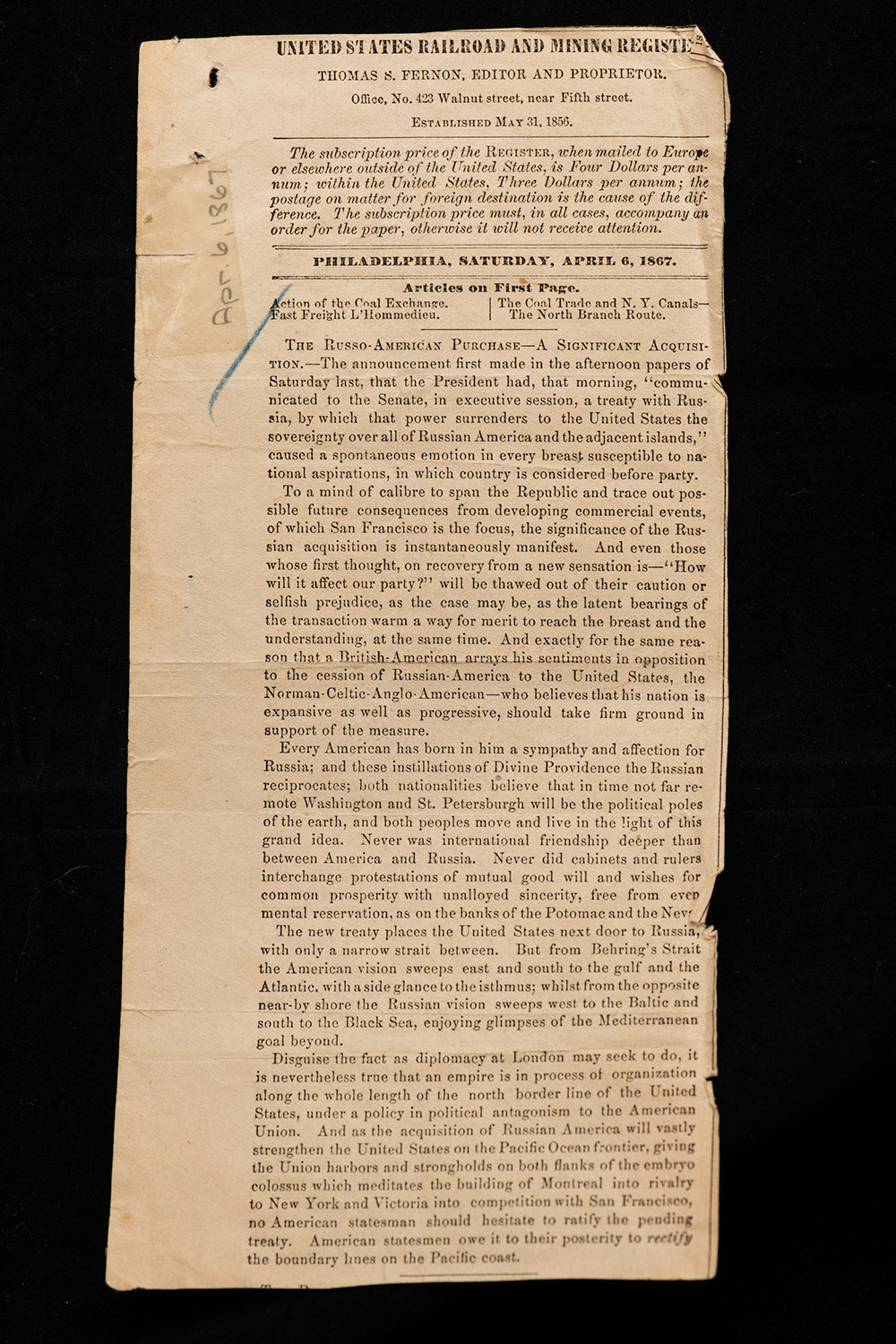 very long newspaper clipping with the masthead United States Railroad and Mining Company and with the headline "The Russo-American Purchase-A Significant Acquisition"