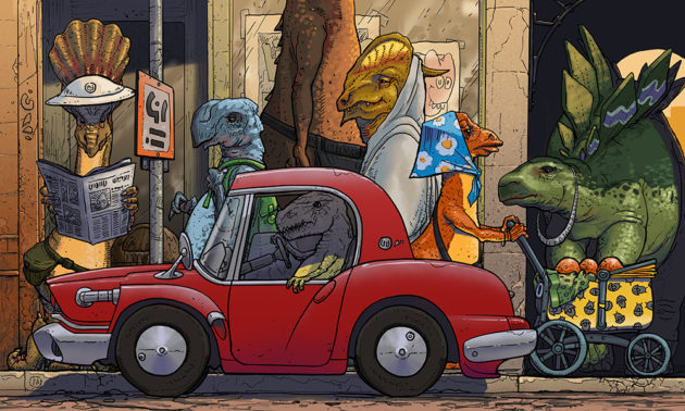 drawing of dinosaurs in a city landscape