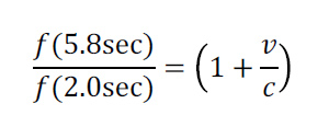 forumula reads f times 5.8 seconds over f times 2.0 secongs = the product of 1 plus v over c