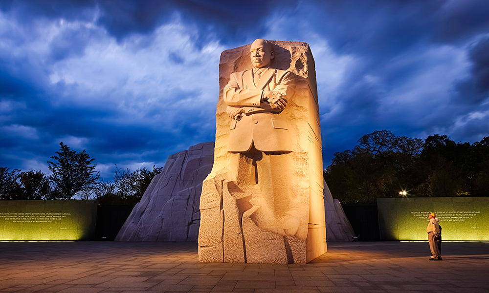 Feature image Martin Luther King memorial at dusk