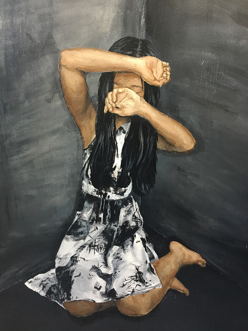 detail of a painting of a person covering their face with their hands