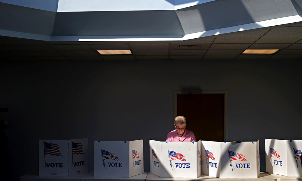 women stanbds behind a row of voting booths