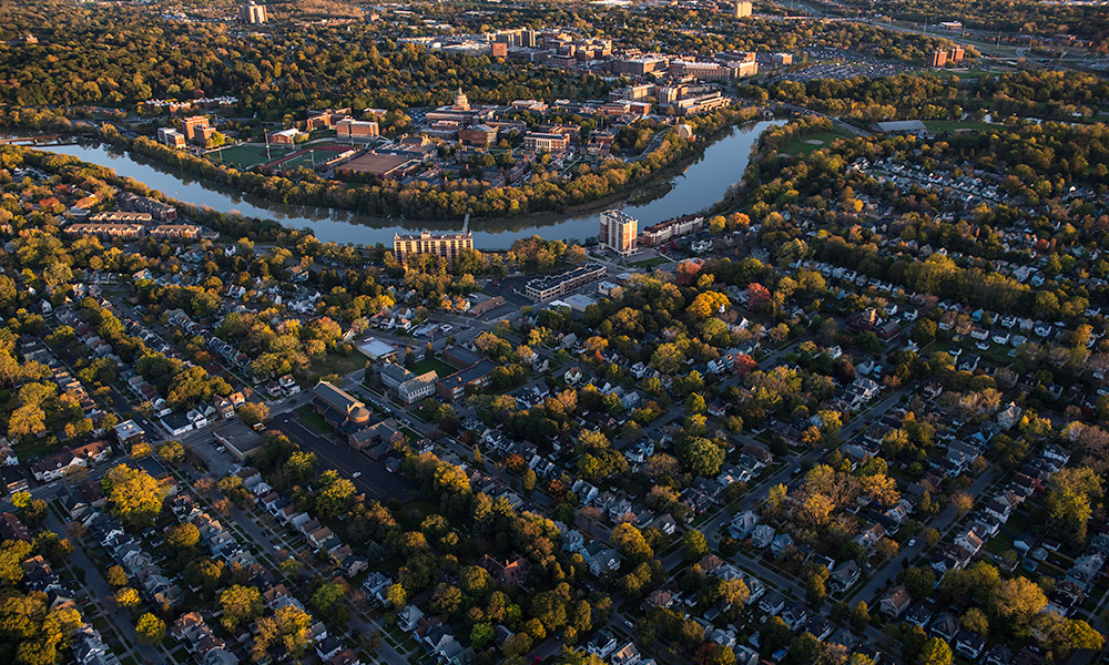 Feature image aerial photo of the University of Rochester campus and Rochester neighborhoods