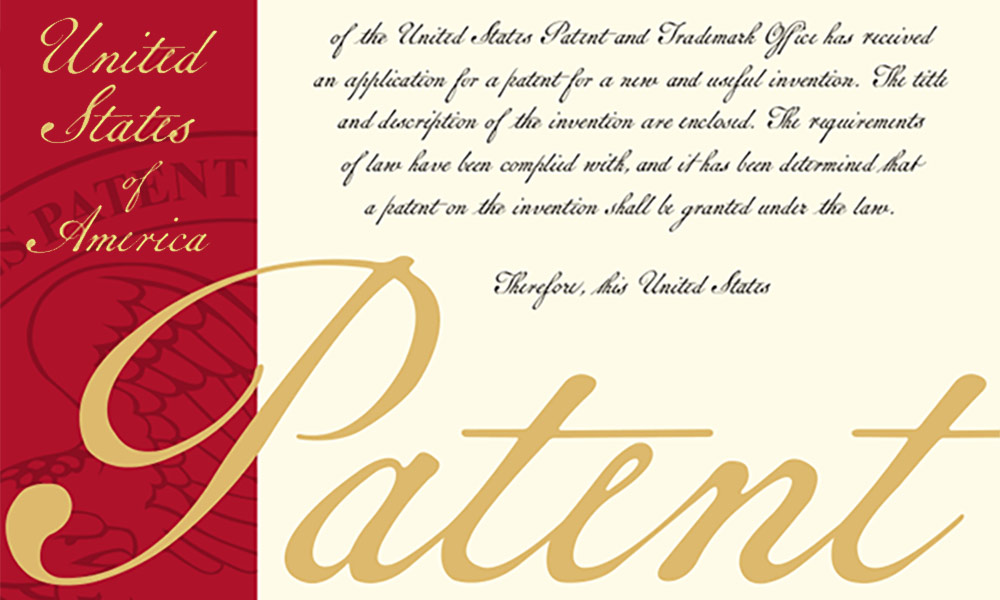 Feature image detail from the cover of official US patents, with ornate design that says PATENT