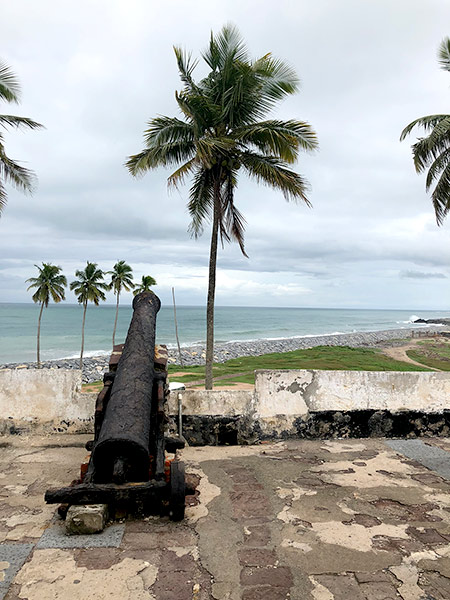 Elmina Castle showing a canon and a fort overlooking the ocean and palm trees