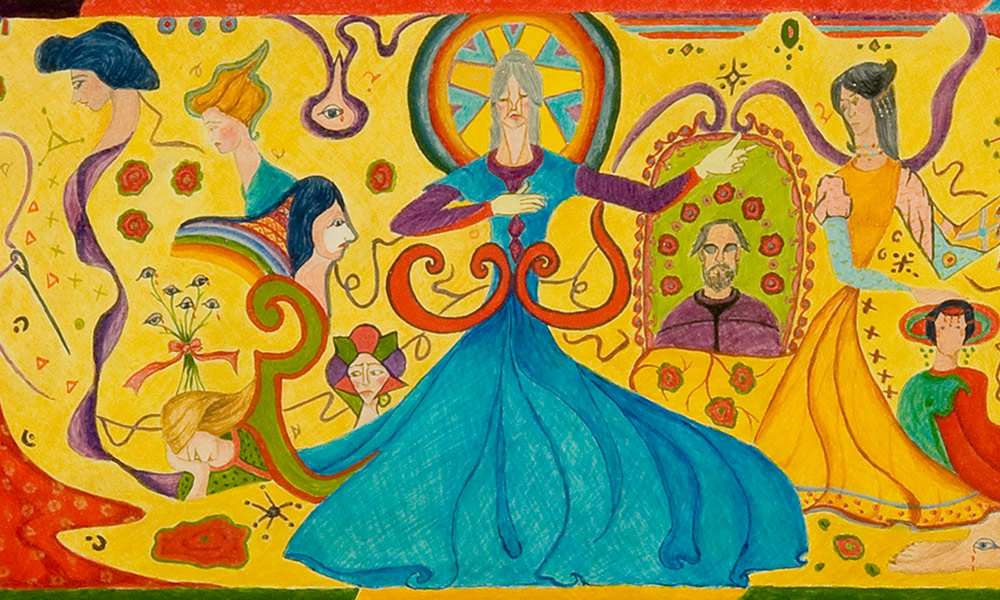 Feature image detail of a woman from a very colorful painting