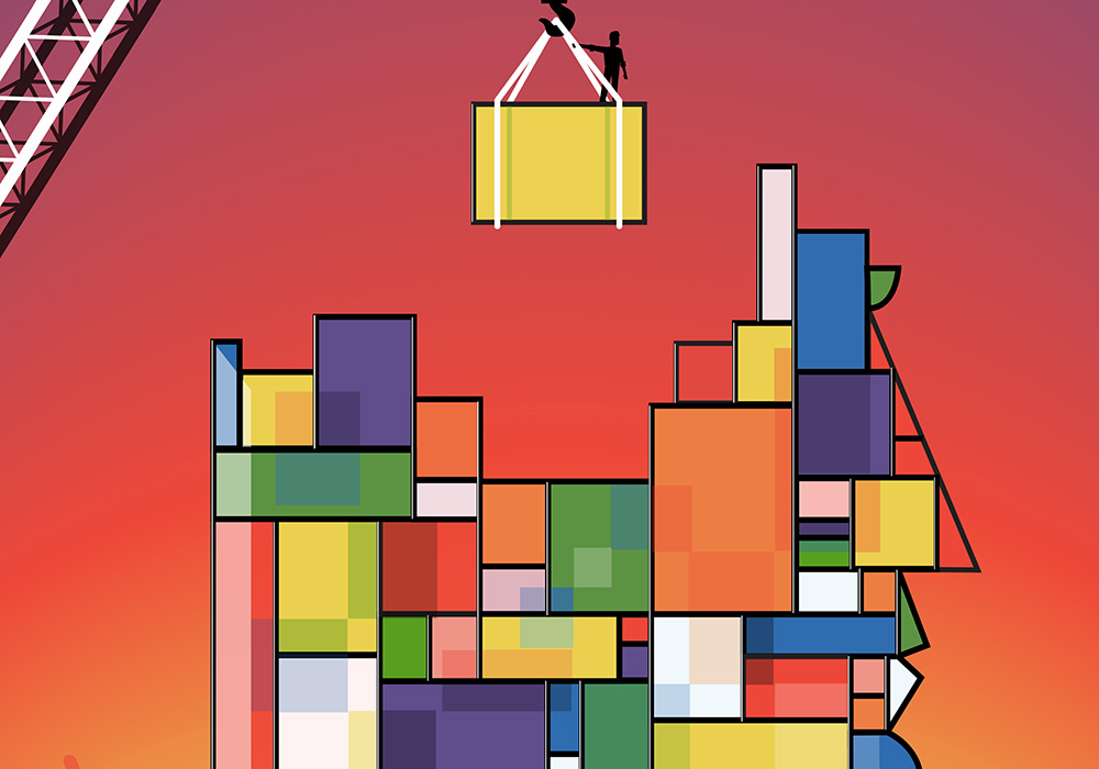 illustration of a human face being constructed out of boxes by a construction crane to illustrate how memory is built
