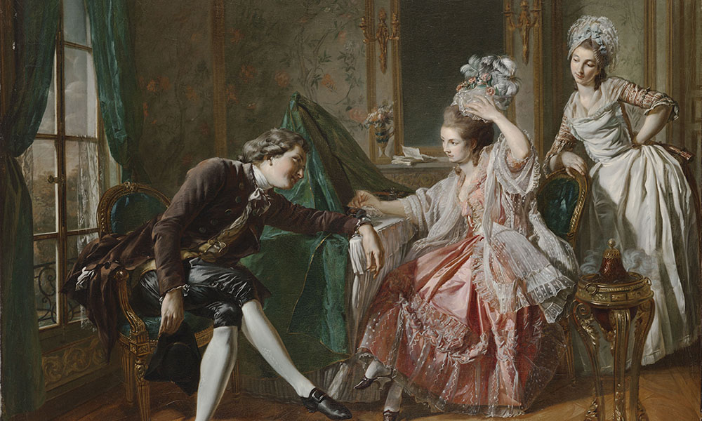 Eighteenth-century man leans toward an aristocratic woman, watched by her maid.