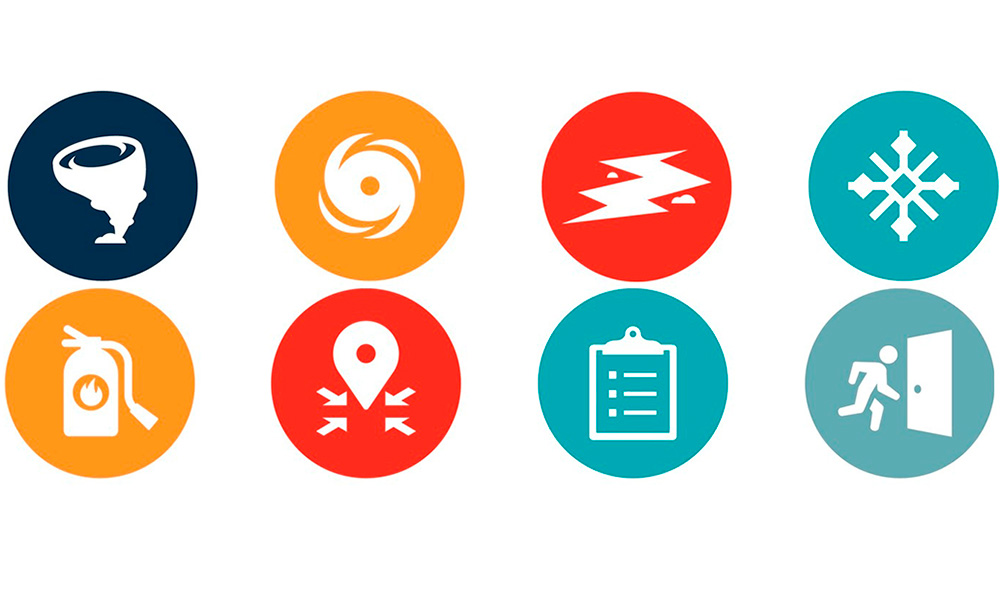 Feature image image showing a collage of icons representing different types of emergency situations like tornados, snow and ice storms, hurricanes, fire, hazardous wastes