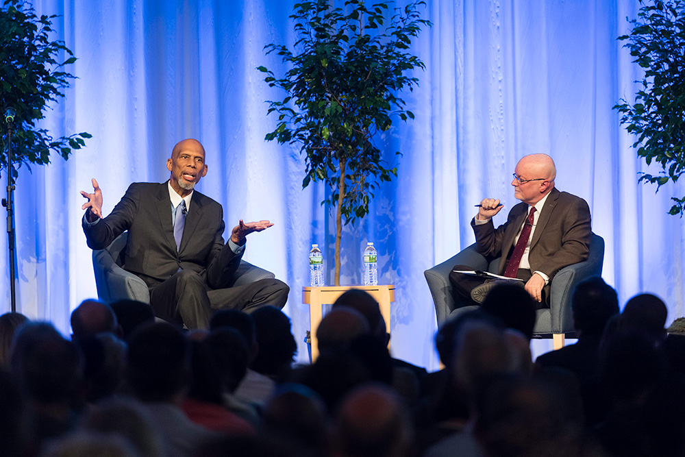 Feature image Kareem Abdul-Jabbar and Donald Hall sitting on stage having a conversation
