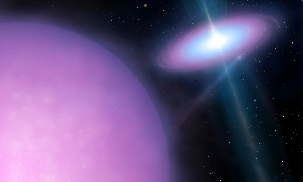 illustration of two stars, one emitting gamma rays