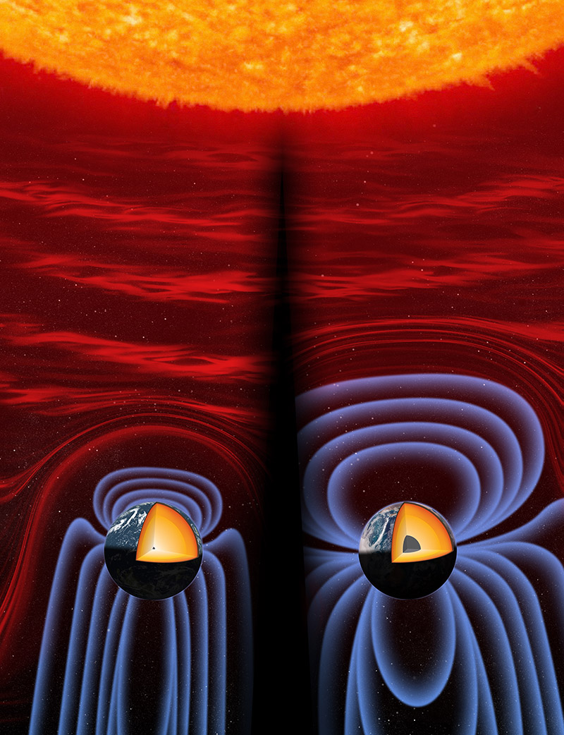 two illustration of the planet Earth, showing a cross section of the inner core. The first shows the ancient beginnings of the inner core, with a small core and small magnetic field radiating off the planet. The one on the right shows the current core, much larger, with much larger magnetic field