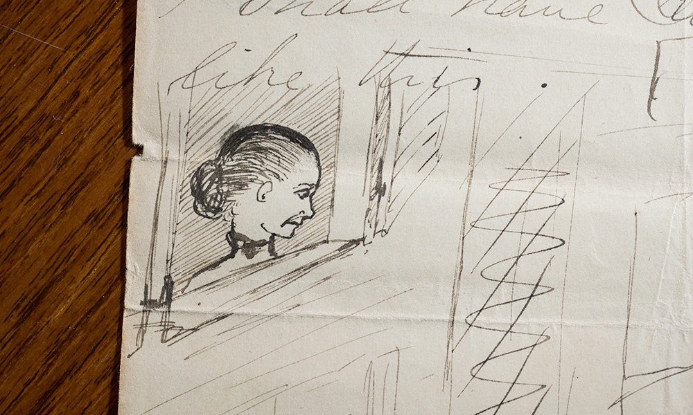 pen-and-ink illustration in the margin of a handwritten letter shows a woman looking sadly out a window