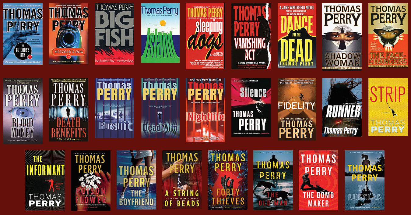 Illustration showing the more than two dozen covers of books written by American novelist and author Thomas Perry.
